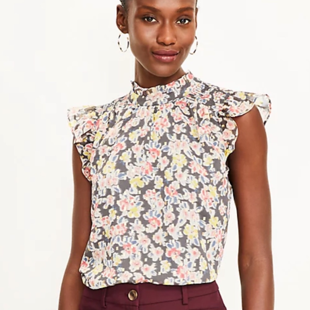 LOFT Floral Smocked Ruffle Trim Top - Size: Small